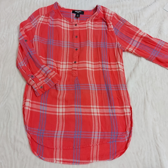Nine West Coral Plaid Top Sz Medium - Picture 4 of 9